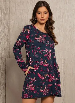 Quintess - Vestido Floral Dark com Recorte nas Mangas - QUINTESS
