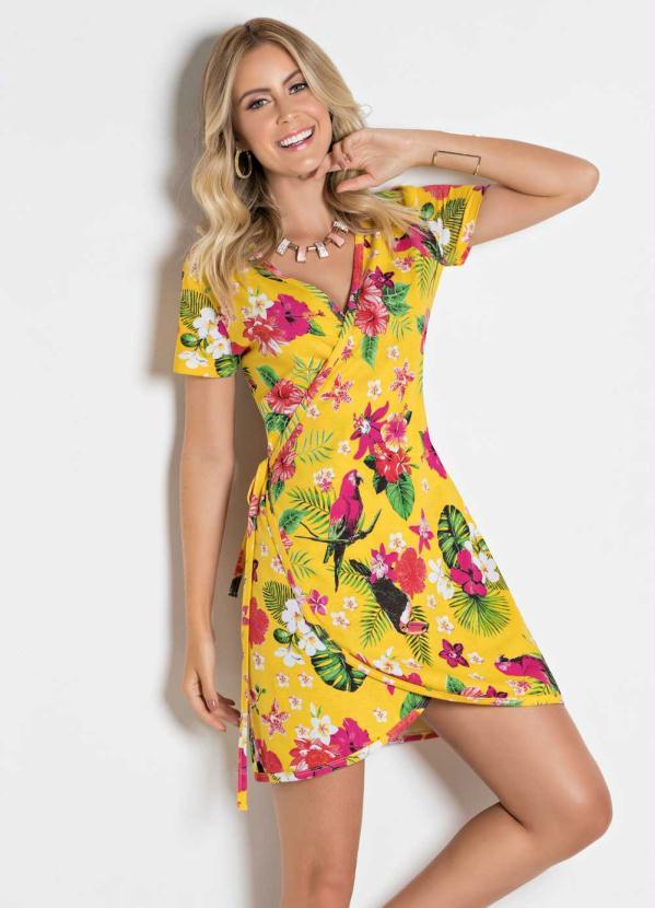 Outlet - Vestido Floral e Amarelo com Transpasse