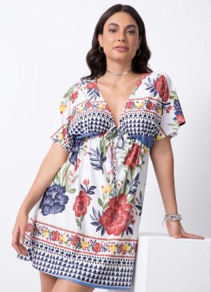 Vestido (Floral tnico) com Decote Profundo