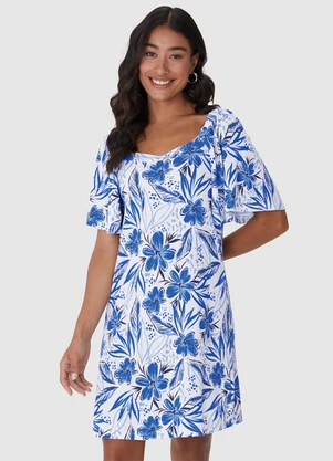 Malwee - Vestido Floral Evasê Canelado Azul Royal - MALWEE