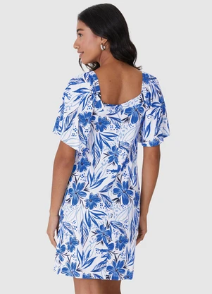 Malwee - Vestido Floral Evasê Canelado Azul Royal - MALWEE