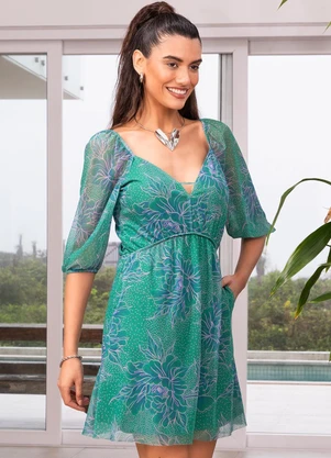 Quintess - Vestido Floral Fundo Verde em Tule - QUINTESS