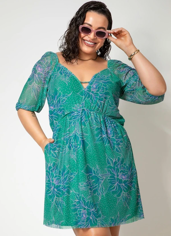 Quintess - Vestido Floral Fundo Verde em Tule 6