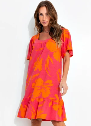 Quintess - Vestido Floral Laranja em Malha de Viscose - QUINTESS