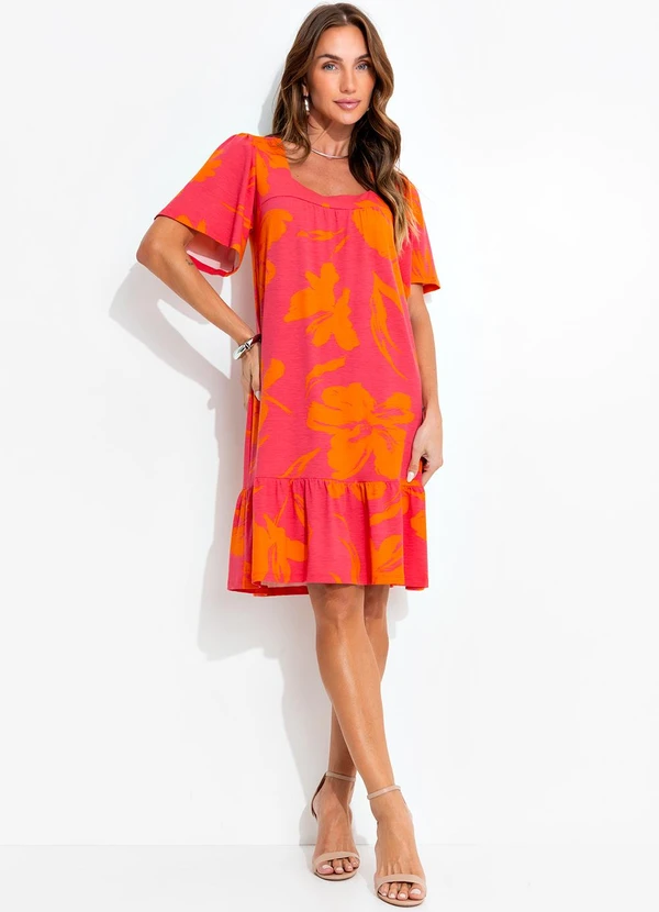 Quintess - Vestido Floral Laranja em Malha de Viscose 9