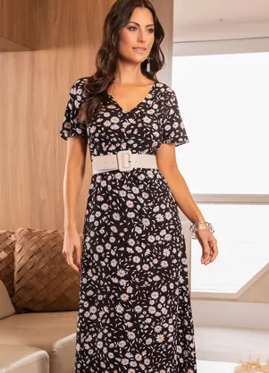 Quintess - Vestido Floral Margarida em Viscose Plana - QUINTESS