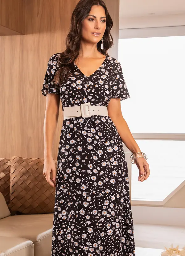 Quintess - Vestido Floral Margarida em Viscose Plana