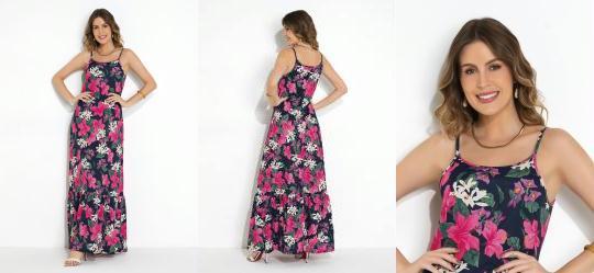 Vestido Floral Marinho com Babado na Barra