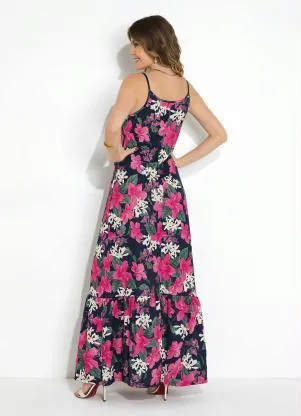Moda Pop - Vestido Floral Marinho com Babado na Barra - MODA POP