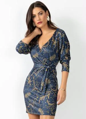 Quintess - Vestido Floral Marinho com Faixa para Amarrar - QUINTESS