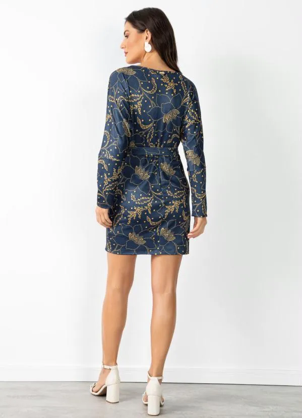 Quintess - Vestido Floral Marinho com Faixa para Amarrar
