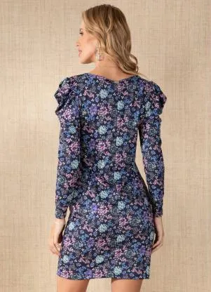 Quintess - Vestido Floral MarinhoCom Mangas Longas Bufantes - QUINTESS
