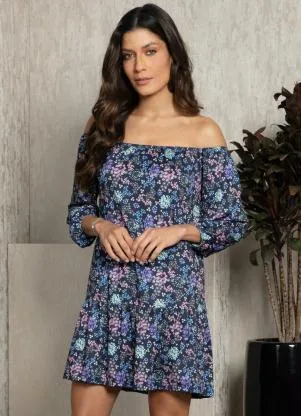 Quintess - Vestido Floral Marinho Ombro a Ombro - QUINTESS