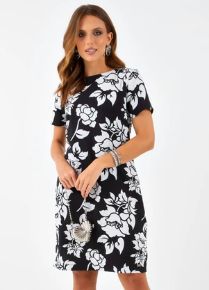 Quintess - Vestido Floral P&B em Crepe Plano - QUINTESS
