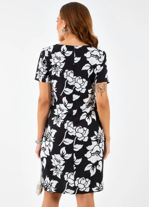 Quintess - Vestido Floral P&B em Crepe Plano - QUINTESS