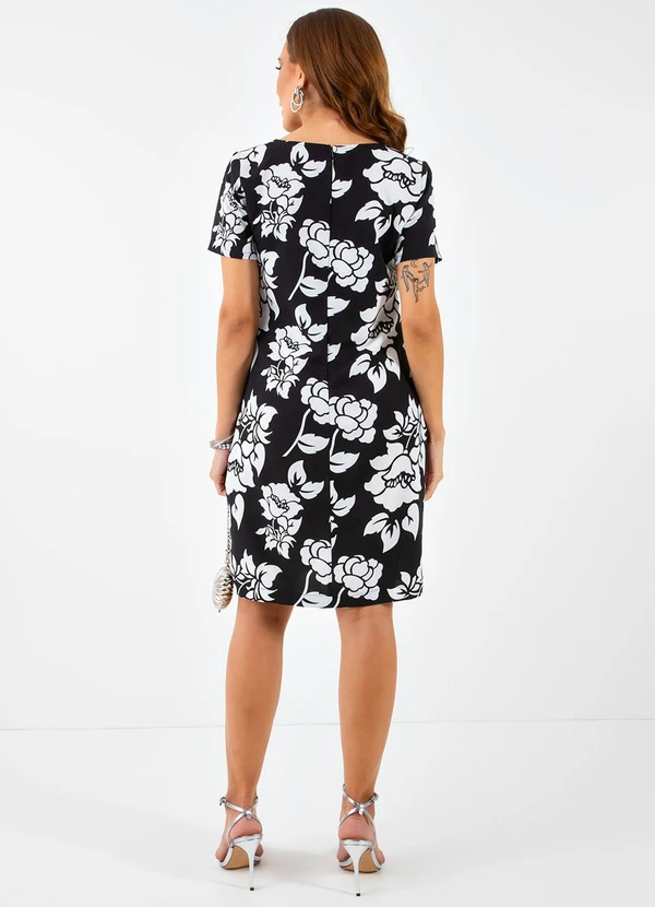 Quintess - Vestido Floral P&B em Crepe Plano