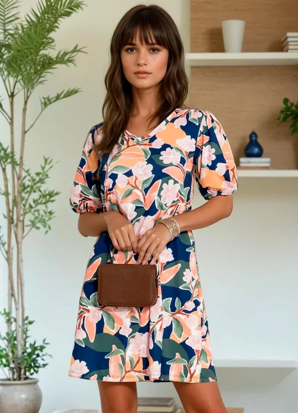 Quintess - Vestido Floral Pincelado em Malha Fria