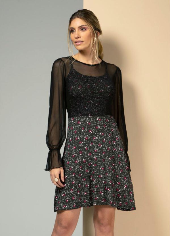 Quintess - Vestido Floral Poá Preto com Sobreposição