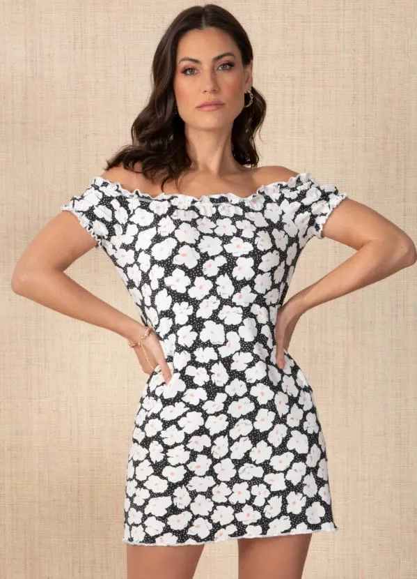 Quintess - Vestido Floral Preto com Babadinhos