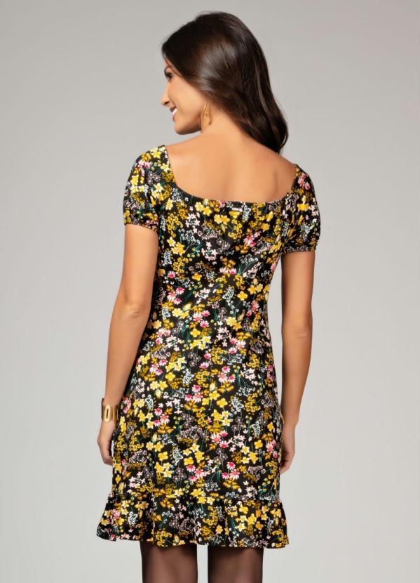 Quintess - Vestido Floral Preto com Decote Quadrado 2