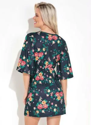 Moda Pop - Vestido Floral Preto com Decote Transpassado - MODA POP