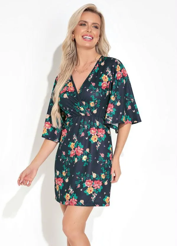 Moda Pop - Vestido Floral Preto com Decote Transpassado