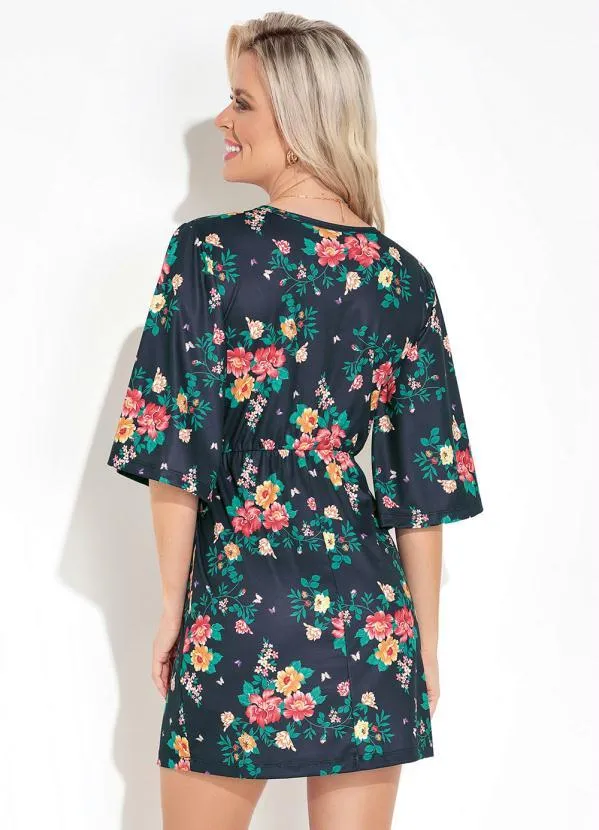 Moda Pop - Vestido Floral Preto com Decote Transpassado 2