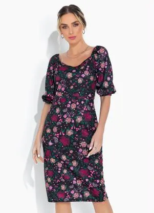 Moda Pop - Vestido Floral Preto com Decote V - MODA POP