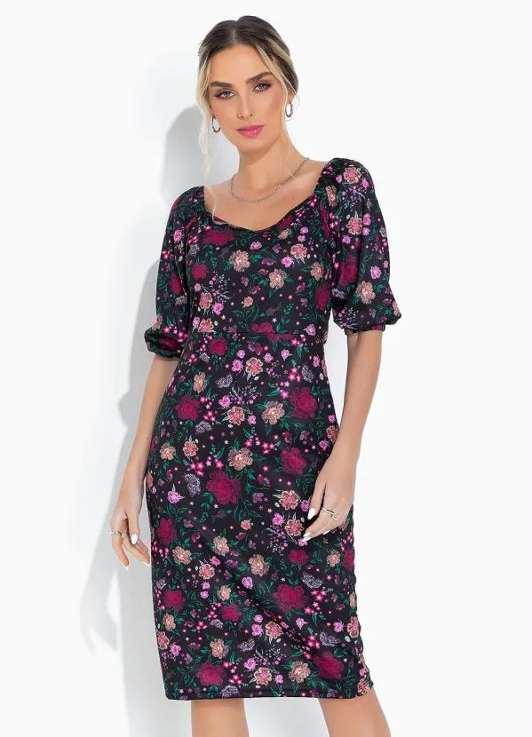 Moda Pop - Vestido Floral Preto com Decote V
