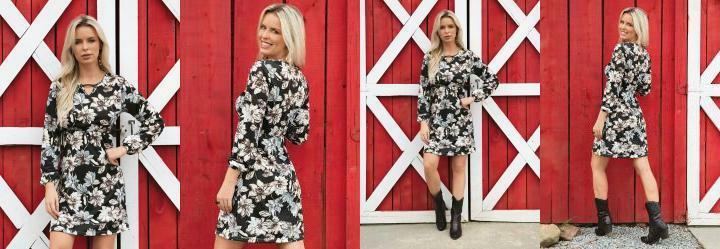 Vestido Floral Preto com Gota no Decote