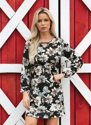 Moda Pop - Vestido Floral Preto com Gota no Decote - MODA POP
