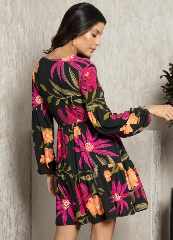 Quintess - Vestido Floral Preto com Manga Bufante 2