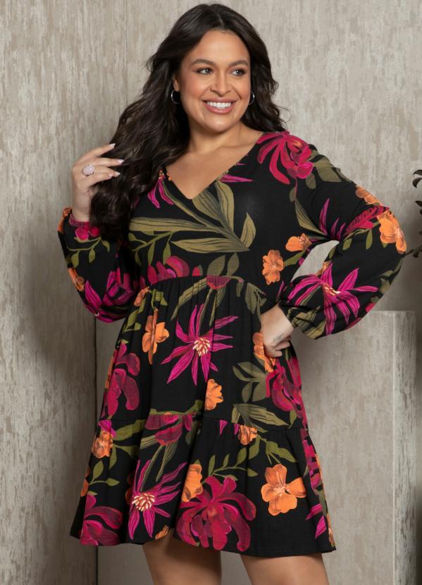 Quintess - Vestido Floral Preto com Manga Bufante 6