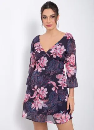 Quintess - Vestido Floral Preto Curto em Chiffon - QUINTESS