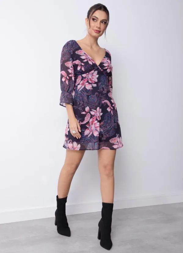 Vestido Floral Preto Curto em Chiffon Quintess