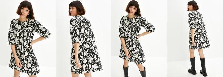 Vestido Floral Preto e Branco em Crepe Plano