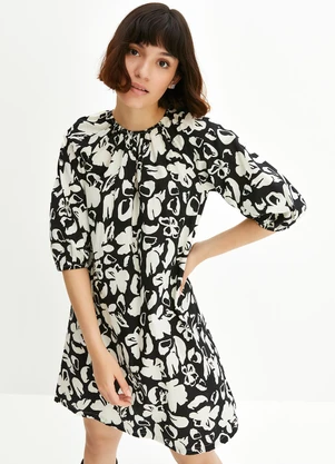bonprix - Vestido Floral Preto e Branco em Crepe Plano - BONPRIX
