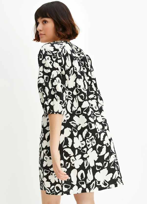 bonprix - Vestido Floral Preto e Branco em Crepe Plano 2