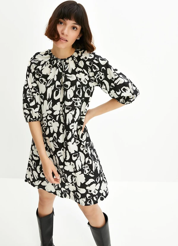 bonprix - Vestido Floral Preto e Branco em Crepe Plano 3