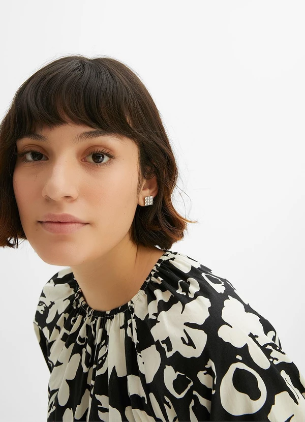 bonprix - Vestido Floral Preto e Branco em Crepe Plano 6