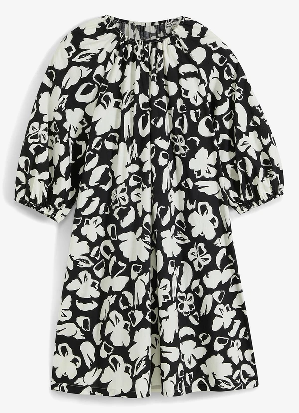 bonprix - Vestido Floral Preto e Branco em Crepe Plano 7