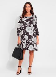 Vestido Floral Preto e Branco em Malha Fria