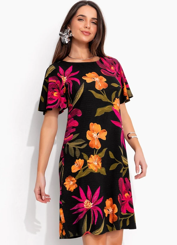 Vestido Floral Preto em Malha de Viscose Texturi Quintess
