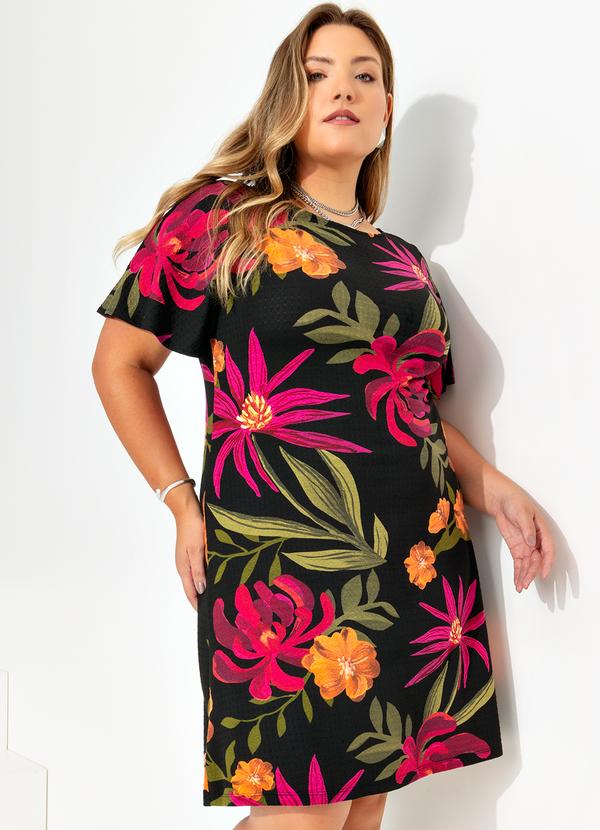 Quintess - Vestido Floral Preto em Malha de Viscose Texturi