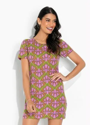 Moda Pop - Vestido Floral Retrô RoxoCom Mangas Curtas - MODA POP