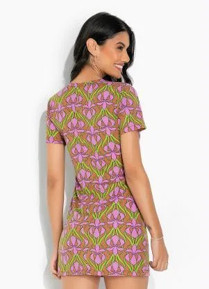 Moda Pop - Vestido Floral Retrô RoxoCom Mangas Curtas - MODA POP