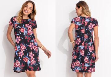 Vestido Floral Rosa com Bolsos e Mangas Curtas