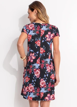 Quintess - Vestido Floral Rosa com Bolsos e Mangas Curtas - QUINTESS