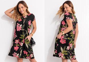 Vestido Floral Rosa com Bolsos e Mangas Curtas