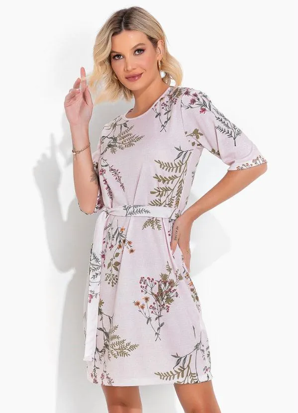 Moda Pop - Vestido Floral Rosa com Mangas Curtas e Faixa